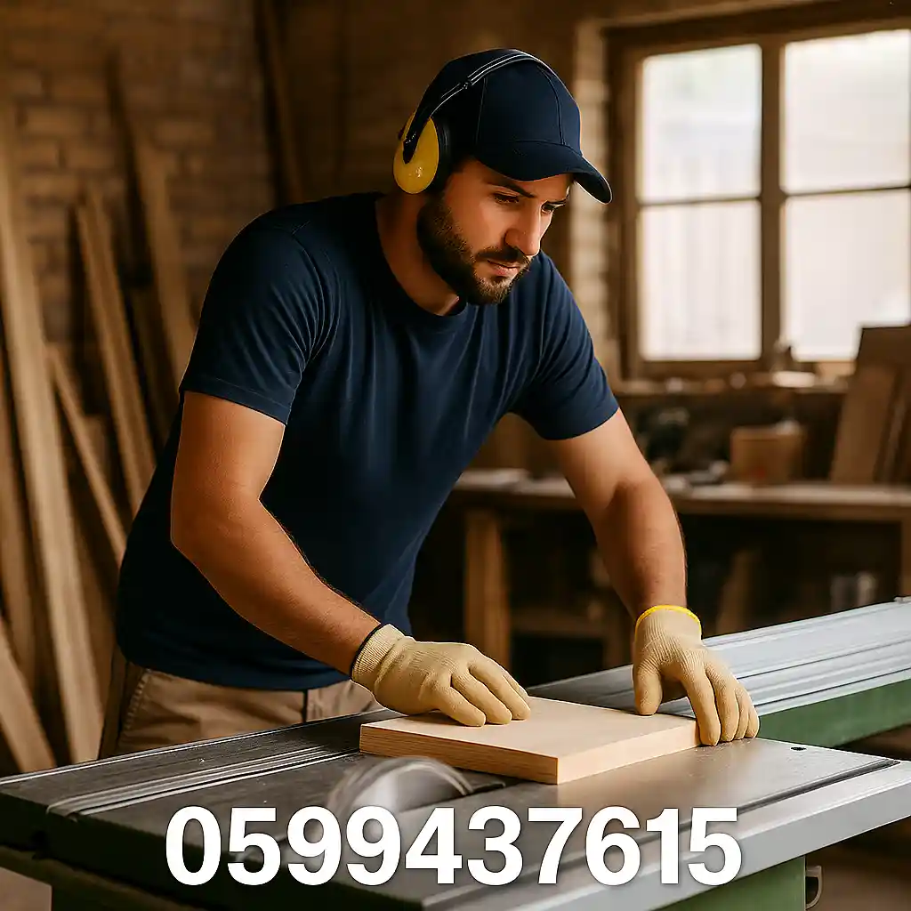 نجار يقص الخشب على منشار كهربائي داخل ورشة نجارة بالشرقية